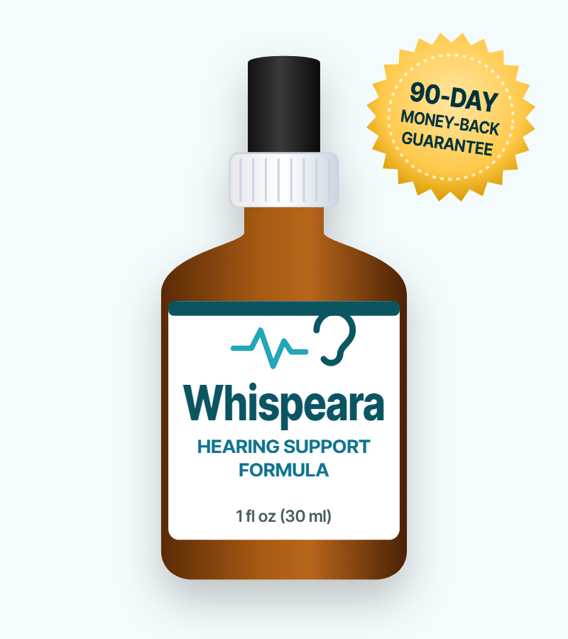 Whispeara hearing support liquid drops bottle with 90-day money-back guarantee